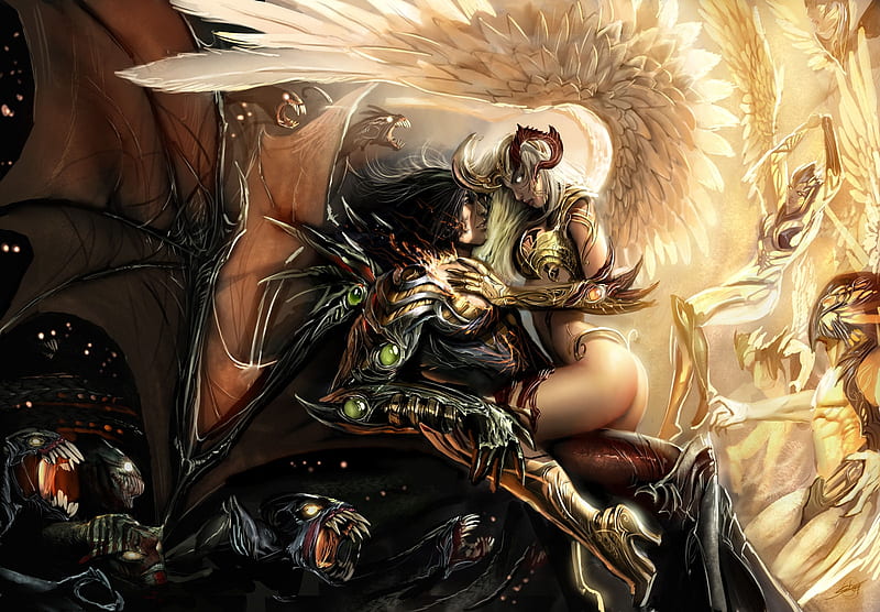 Angel and Demon, fantasy, 3d, demon, girl, angel, dark, abstract, HD wallpaper