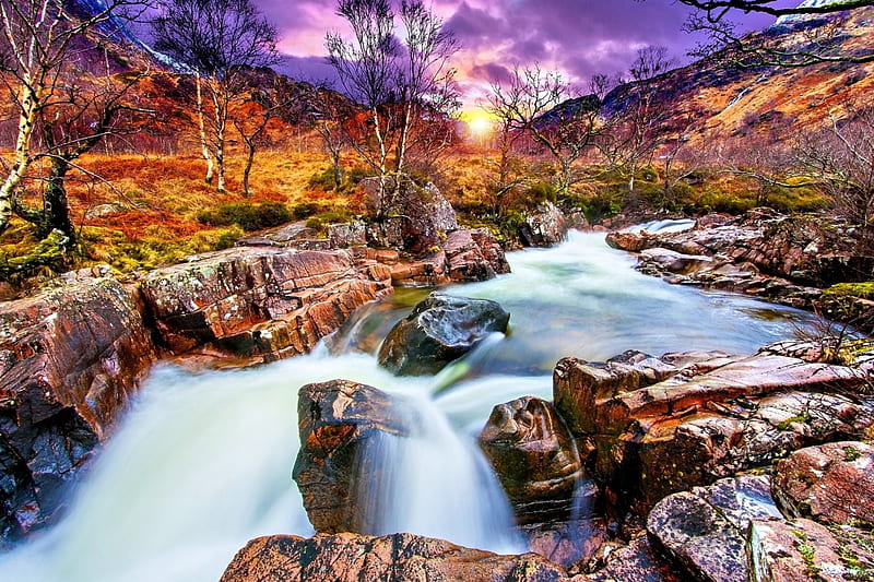 GLEN NEVIS RIVER-SCOTLAND, rocks, enchanting nature, sunset, sky, clouds, mountain, splendor, wild, nature, river, evening, landscape, HD wallpaper