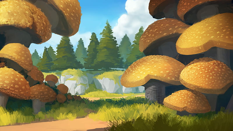 spruce, path, trees, forest, mushrooms, art, HD wallpaper