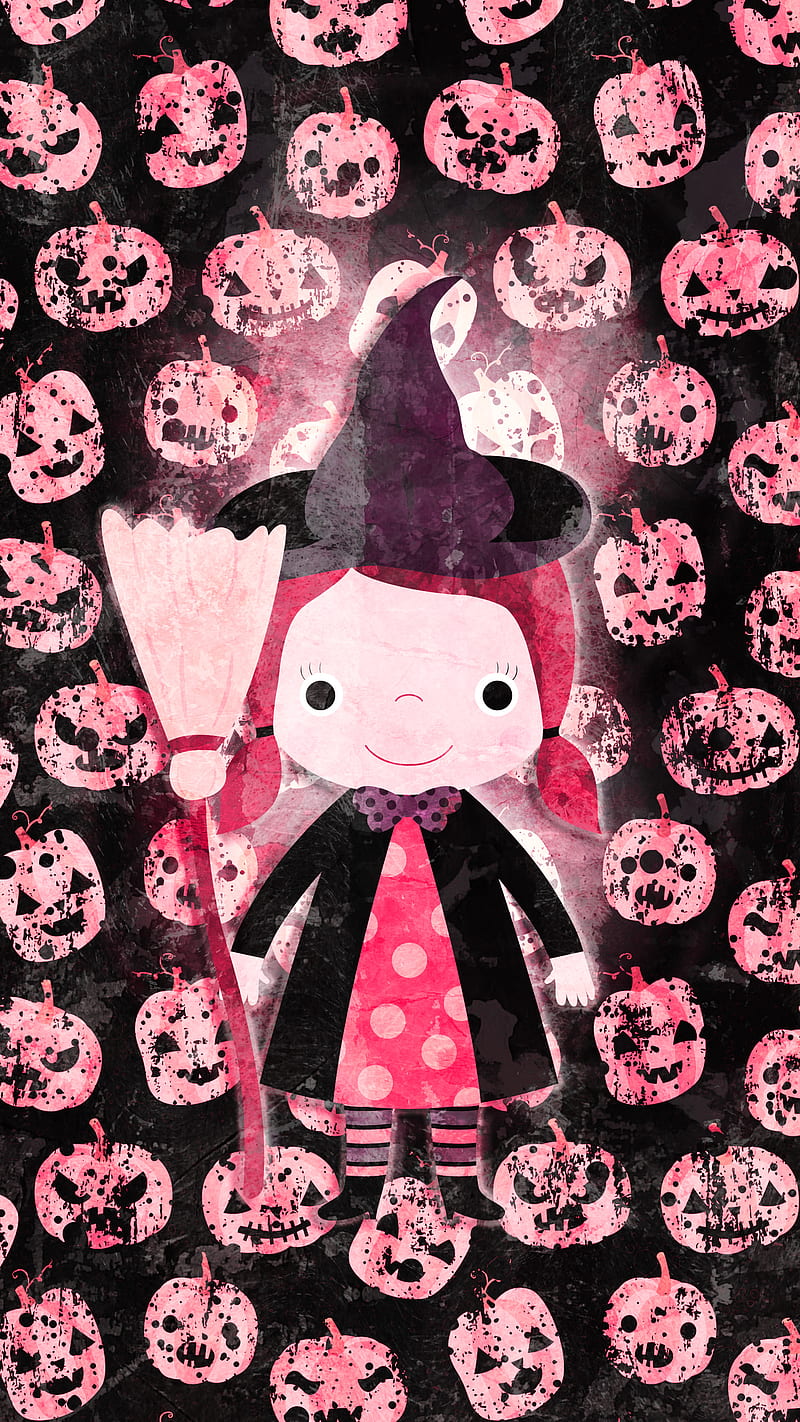 Girl Witch with Broom, Adoxali, Halloween, October, black, broomstick, carved, child, costume, creature, creepy, cute, dark, fun, funny, hat, haunted, holiday, horror, illustration, kawaii, magic, mystery, night, party, scary, season, spooky, spoopy, sweet, treat, trick, trick or treat, HD phone wallpaper
