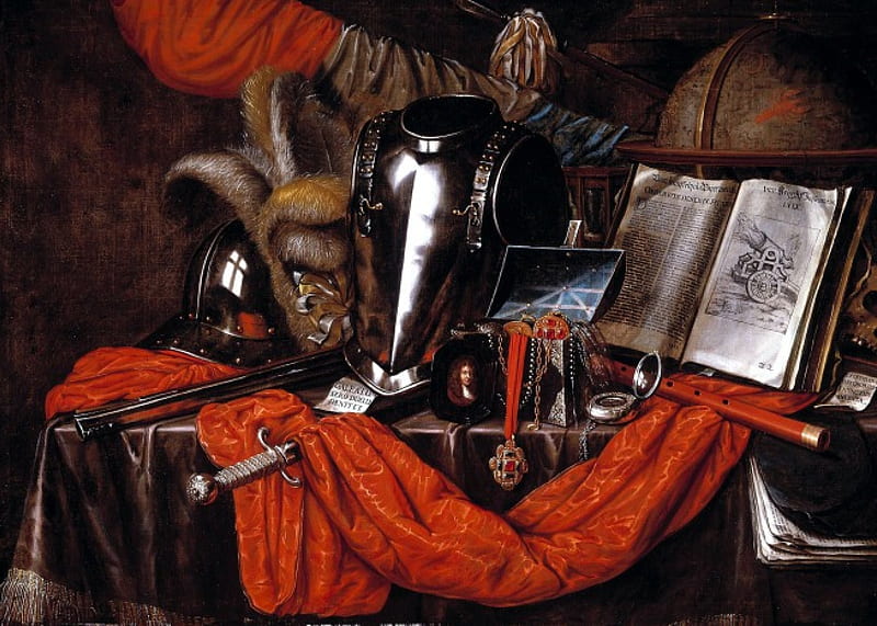 Medieval Still Life, garment, utensils, book, suit of armor, sword, HD wallpaper