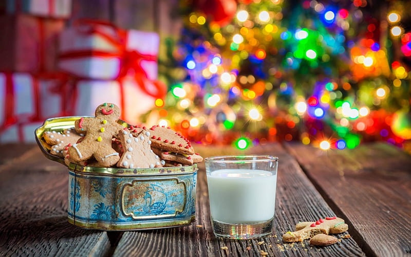 Merry Christmas!, glass, cookies, craciun, christmas, milk, wood, lights, HD wallpaper