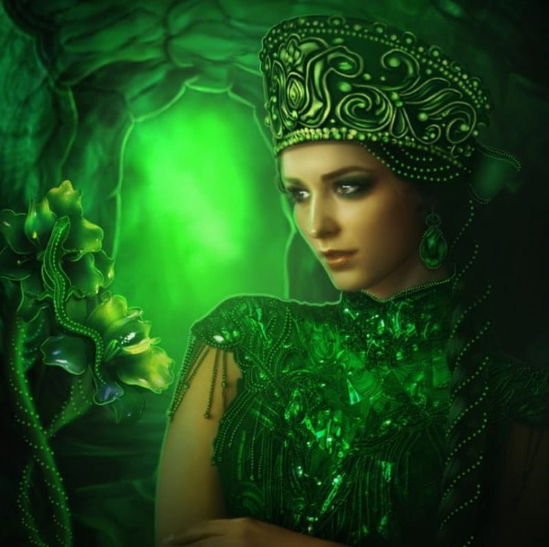 The Mistress of Copper, art, fantasy, lady, green, HD wallpaper