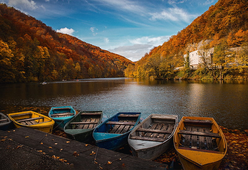 Colored Row Boats , boats, lake, graphy, HD wallpaper