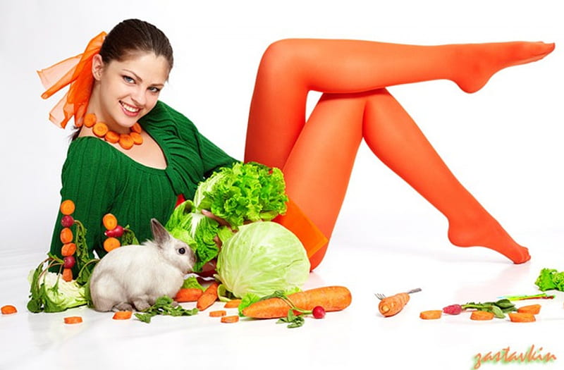 happy girl, cabbage, green, orange, colors, carrots, girls, vegetables, HD wallpaper