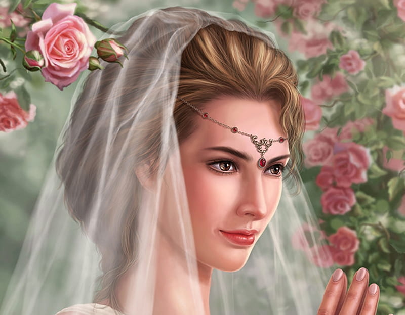Bride, fantasy, girl, crystalrain272, rose, flower, face, pink, crystalrain, HD wallpaper