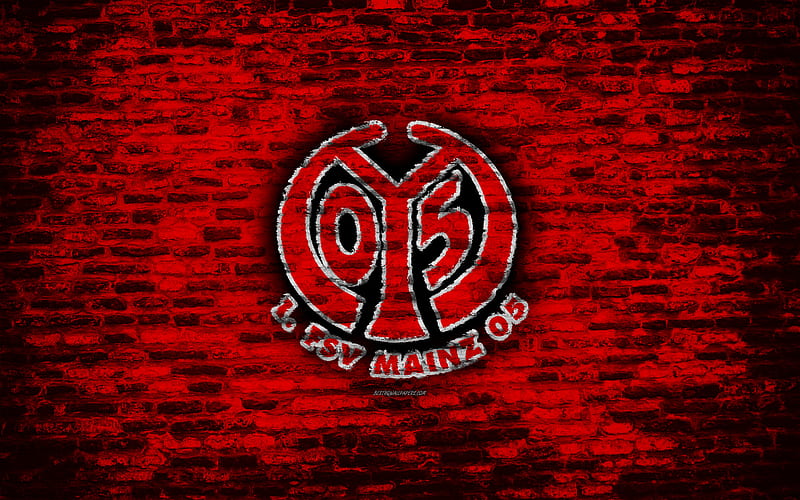 Mainz 05 FC, logo, red brick wall, Bundesliga, German football club, soccer, football, brick texture, Mainz, Germany, HD wallpaper