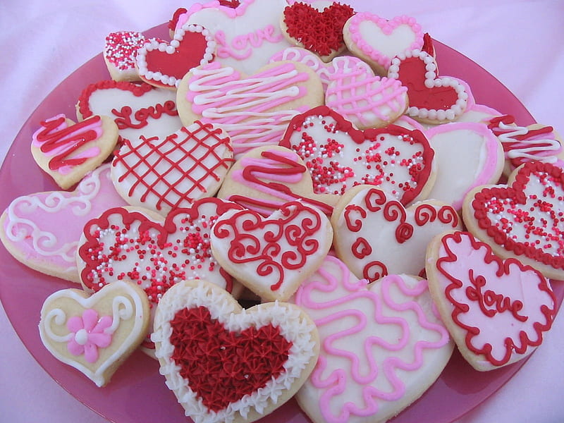Valentine's Cut Out Cookies, valentines, red, shaped, frosting, abstract, sweet, dessert, bakery, cookies, heart, day, white, pink, HD wallpaper