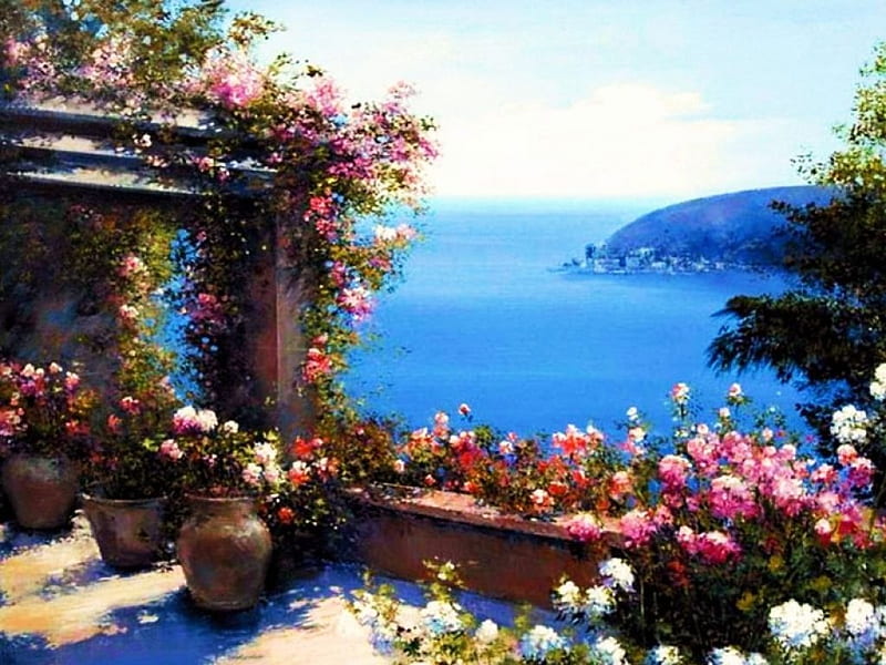 Mediterranean View, veranda, painting, blossoms, roses, artwork, sea, landscape, HD wallpaper