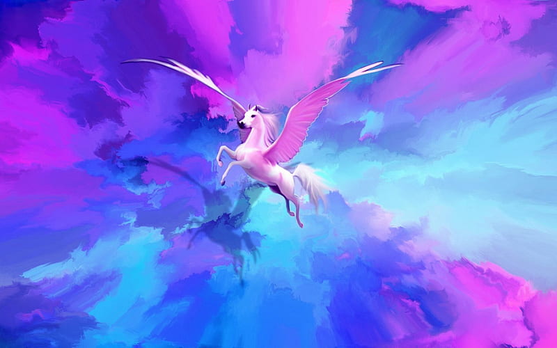Pegasus, art, wings, horse, animal, fly, fantasy, white, pink, blue, HD wallpaper