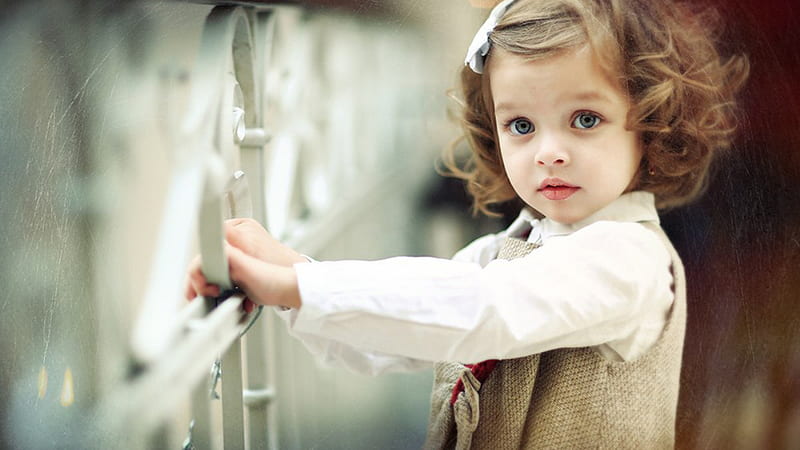Grey Eyes Cute Little Girl Is Wearing White Brown Dress Cute, HD wallpaper