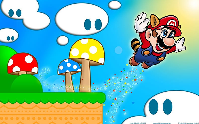 Racoon Mario Flying to the sky, stars, racoon mario, mario, sun, video games, clouds, sparkles, mushrooms, dust, HD wallpaper