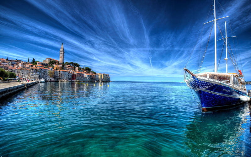 Rovin, Croatia, Istria, Adriatic sea, bay, boat, sailboat, coast, HD wallpaper