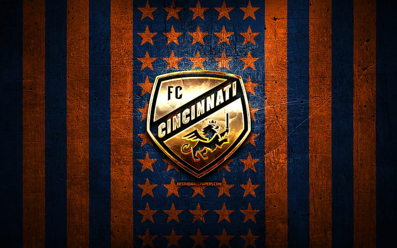 FC Cincinnati flag, MLS, orange blue metal background, american soccer club, FC Cincinnati logo, USA, soccer, FC Cincinnati, golden logo, HD wallpaper