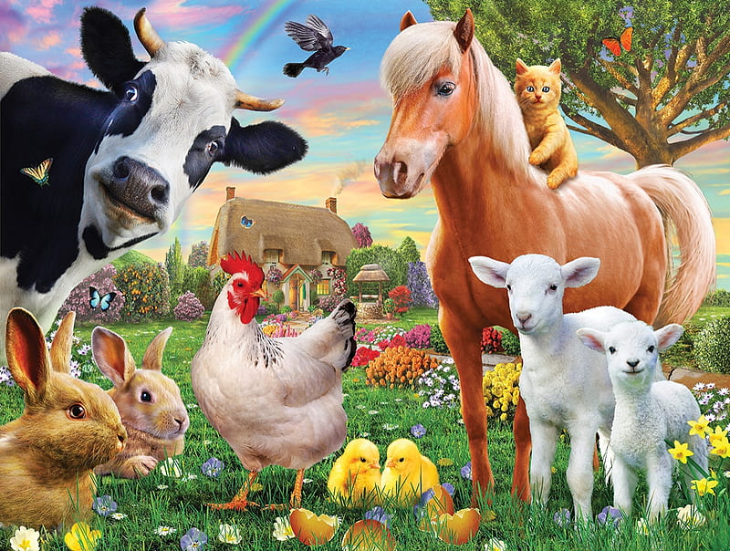 Farm Animals, cow, cottage, chicken, well, birds, butterflies, horse, artwork, hen, sheep, tree, rabbits, flowers, HD wallpaper