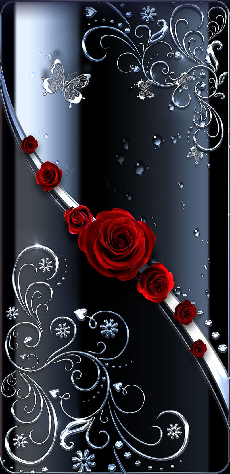 SilverSwirlsNRoses, bonito, black, butterfly, love, pretty, rose, roses, silver, HD phone wallpaper