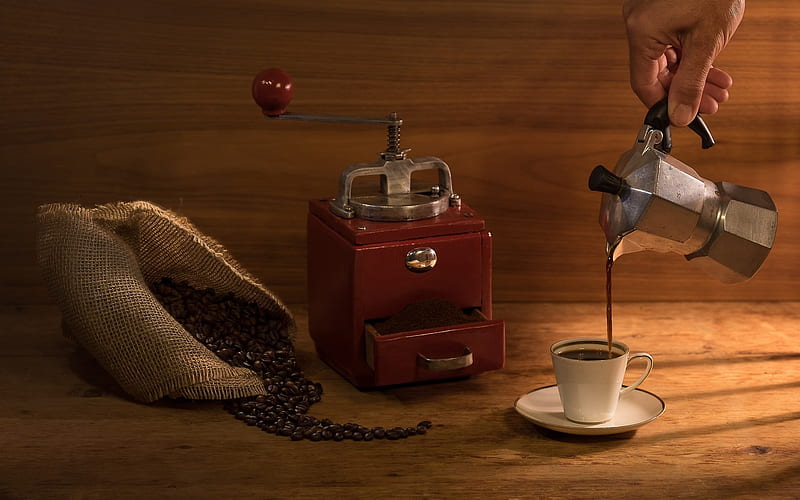 Coffee, still life, beans, hand, cup, grinder, sack, wooden, HD wallpaper