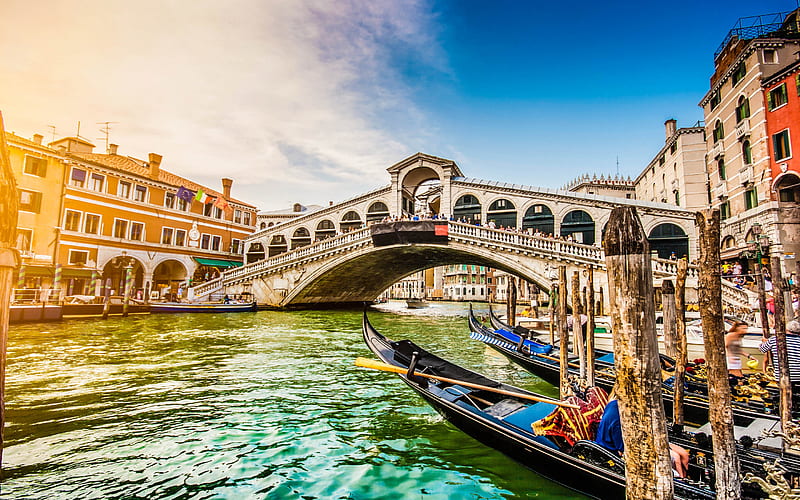 Rialto Bridge, Grand Canal, evening, sunset, Venice landmark, Venice cityscape, Venice, Italy, HD wallpaper
