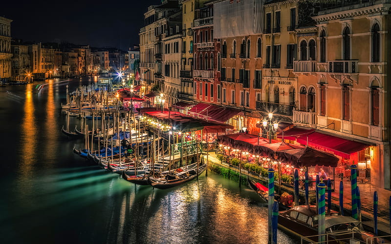 Venice nightscapes, Grand Canal, gondolas, Italy, Venice at night, Europe, italian cities, HD wallpaper