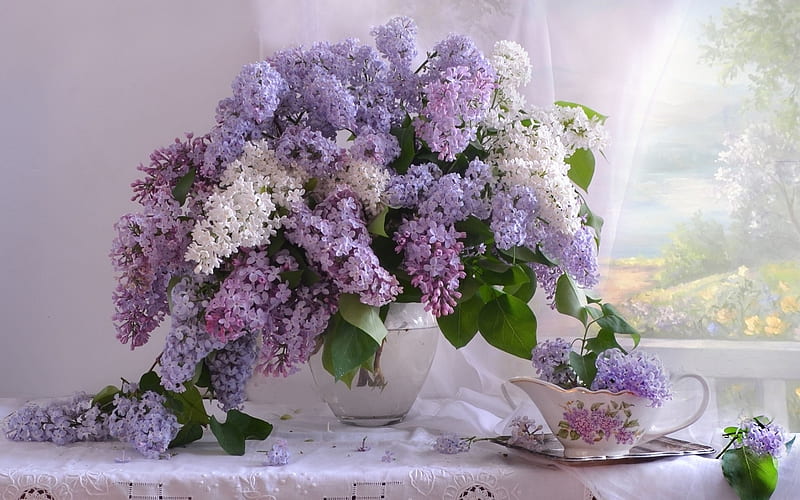 Lilac Still Life, vase, still life, bouquet, lilacs, spring, HD wallpaper