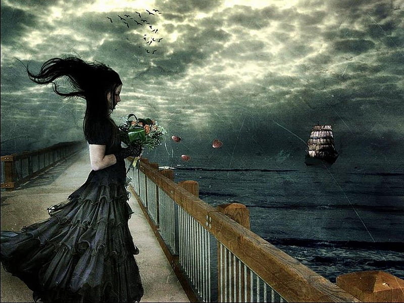 DARK MISTRESS, female, ship, gothic, dark, mistress, ocean, clouds, sky ...