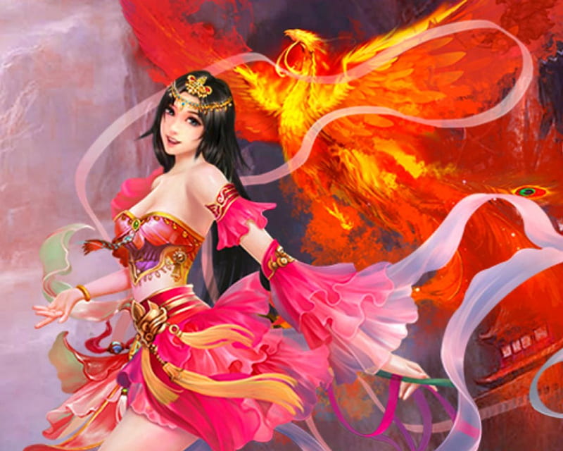 Fantasy Girl, art, fantasy, woman, phoenix, HD wallpaper