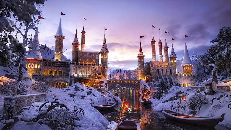 Winter castle, fantasy, canal, snow, bonito, fairytale, gondola, castle, winter, bridge, HD wallpaper