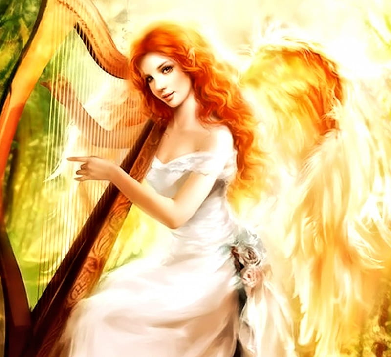 Lovely Angel, pretty, Angel, Fantasy, Harp, HD wallpaper