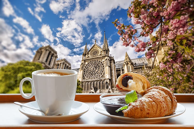 Food, Paris, Coffee, Cup, France, Spring, Cathedral, Breakfast, Croissant, Notre Dame De Paris, HD wallpaper
