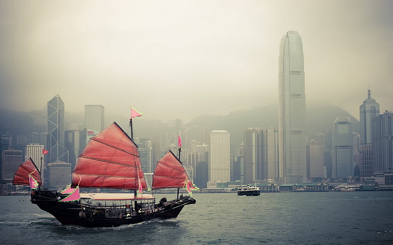 Hong Kong, ships, sailboats, China, metropolis, skyscrapers, HD wallpaper