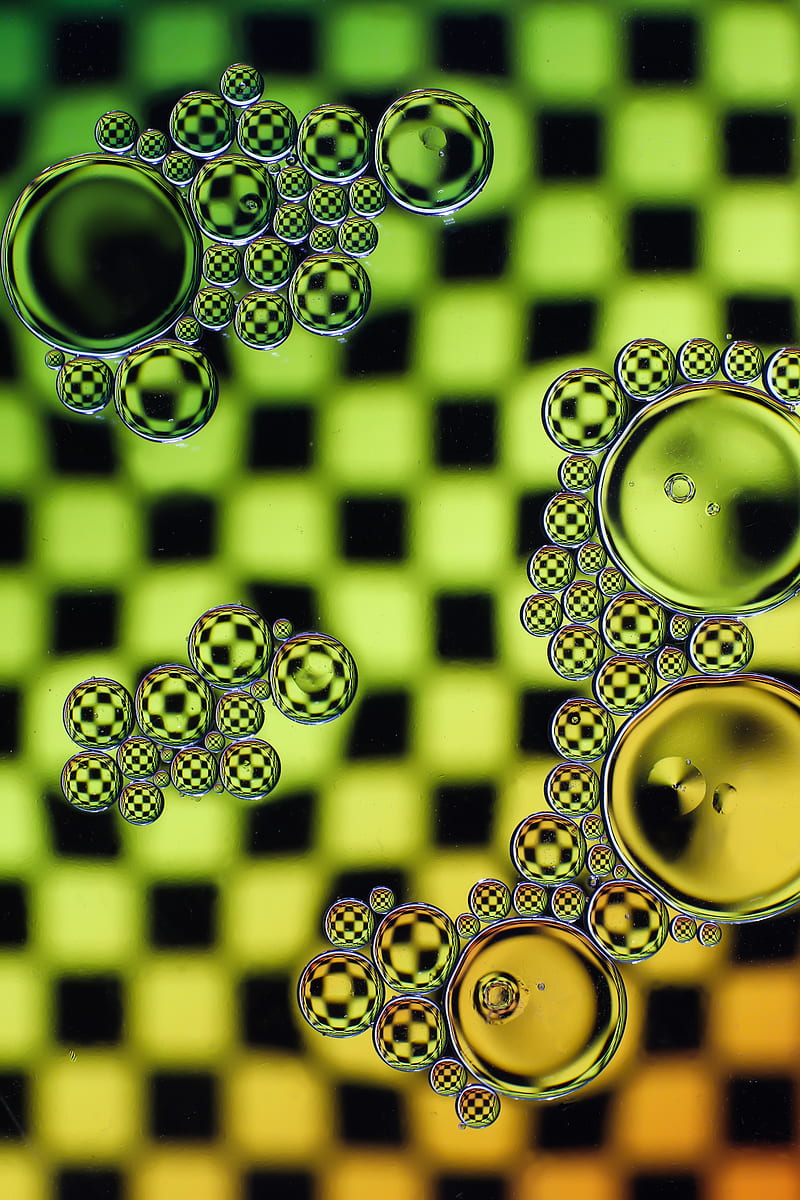 bubbles, oil, liquid, macro, green, yellow, HD phone wallpaper