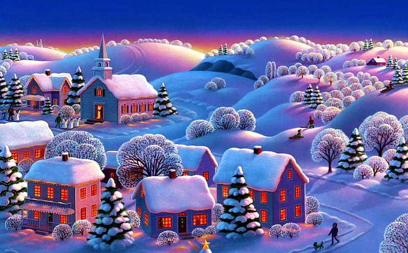 Winter Village, snow, houses, painting, church, trees, artwork, HD wallpaper
