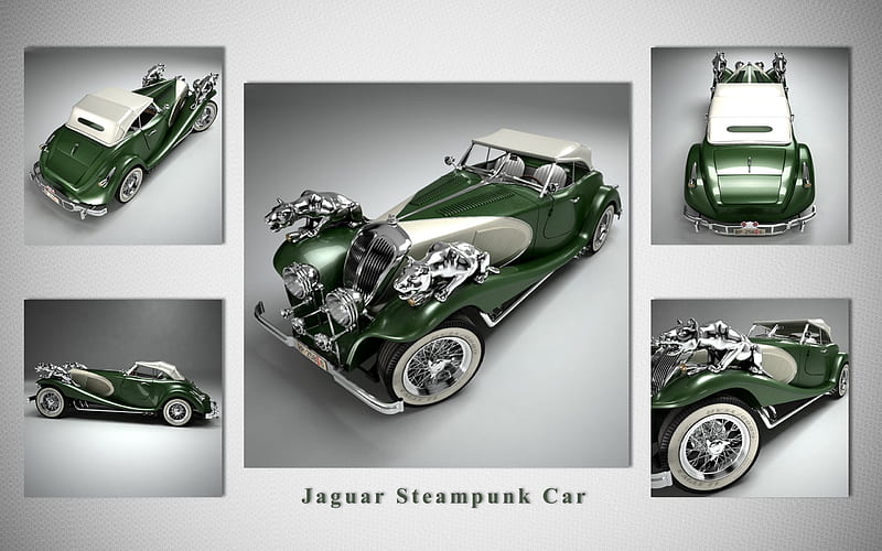 Jaguar Steampunk Car, car, steampunk, green, convertible, collage, Jaguar, HD wallpaper