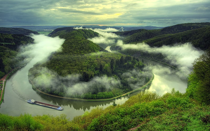 Saar River, morning, barge, fog, summer, Germany, Europe, HD wallpaper