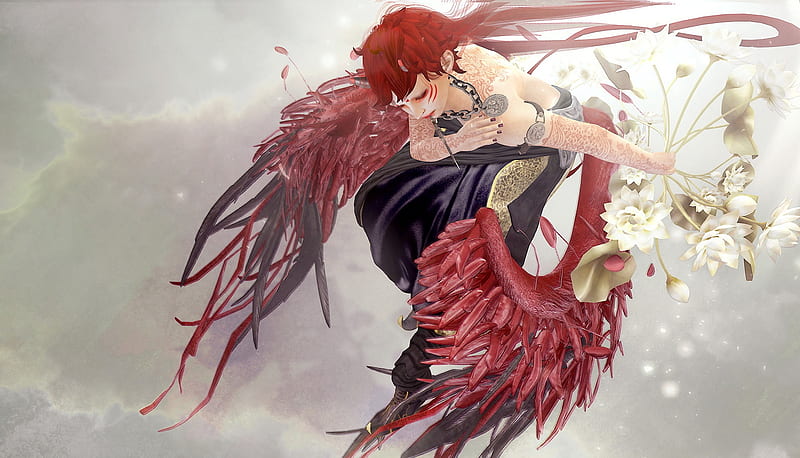 Fallen angel, red, wings, luminos, game, black, fantasy, girl, feather, rendering, flower, white, HD wallpaper