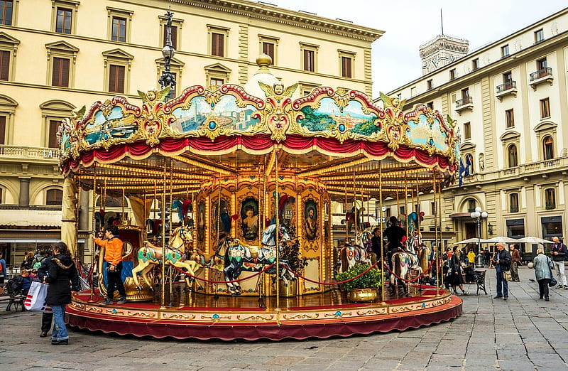 Merry-Go-Round, city, carousel, houses, people, HD wallpaper