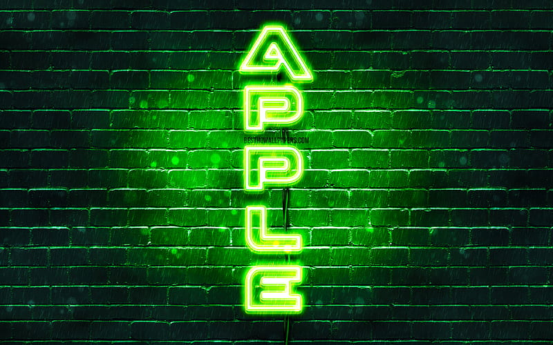 Apple green logo, vertical text, green brickwall, Apple neon logo, creative, Apple logo, artwork, Apple, HD wallpaper