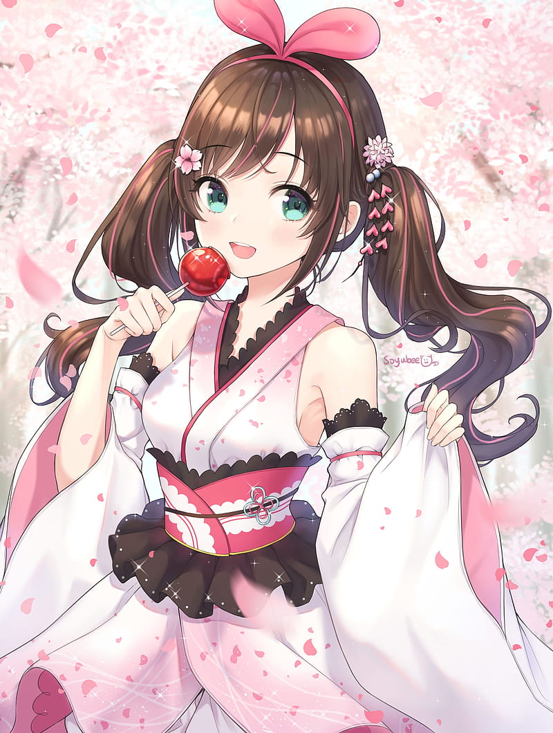 kizuna ai, a.i. channel, sakura blossom, brown hair, virtual youtuber, Anime, HD phone wallpaper