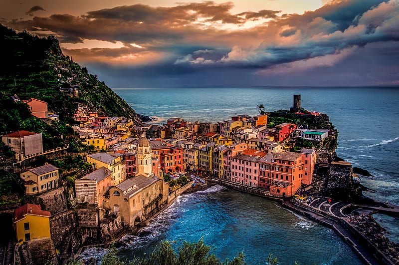 Vernazza, Italy, mediterranean, amalfi, water, clouds, coast, sea, HD wallpaper