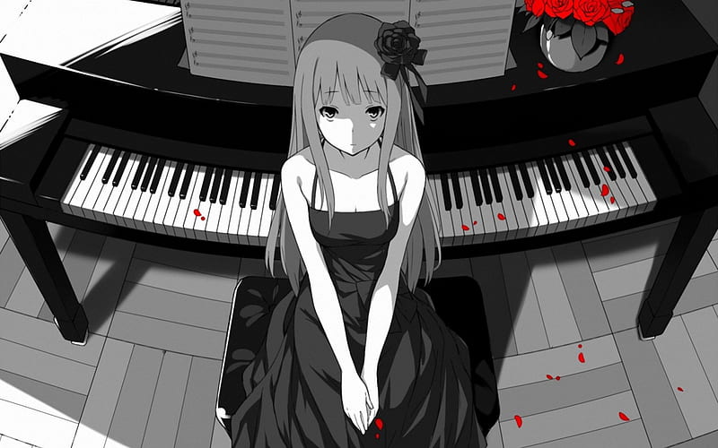 Black,White & Red, red, rose, pianist, black and white, ribon, piano, anime, black dress, red flowers, blossoms, anime girl, long hair, HD wallpaper