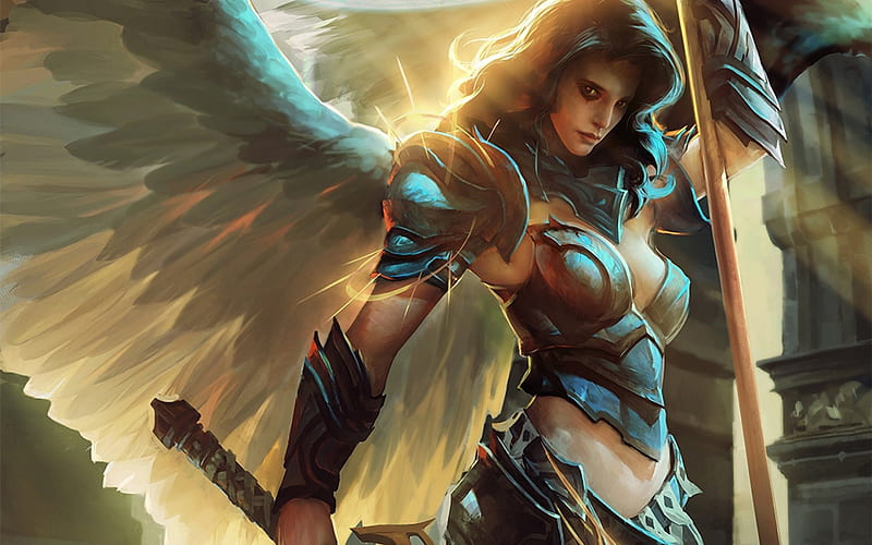 Angel, warrior, wings, feather, golden, blue, HD wallpaper