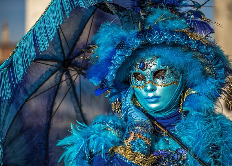 Venice Carnival, model, umbrella, woman, hat, glove, girl, feather, hand, mask, blue, HD wallpaper