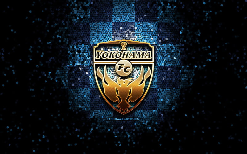 Yokohama FC, glitter logo, J1 League, blue checkered background, soccer, japanese football club, Yokohama FC logo, mosaic art, football, HD wallpaper