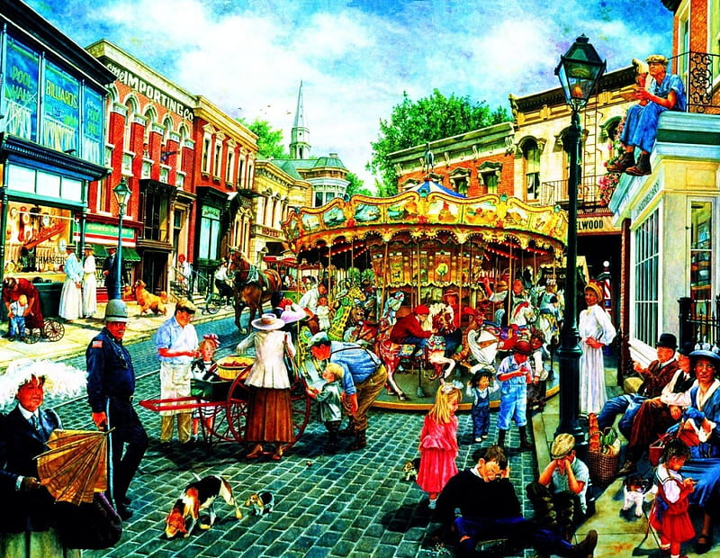 Village Funfair, carousel, people, houses, painting, street, artwork, HD wallpaper