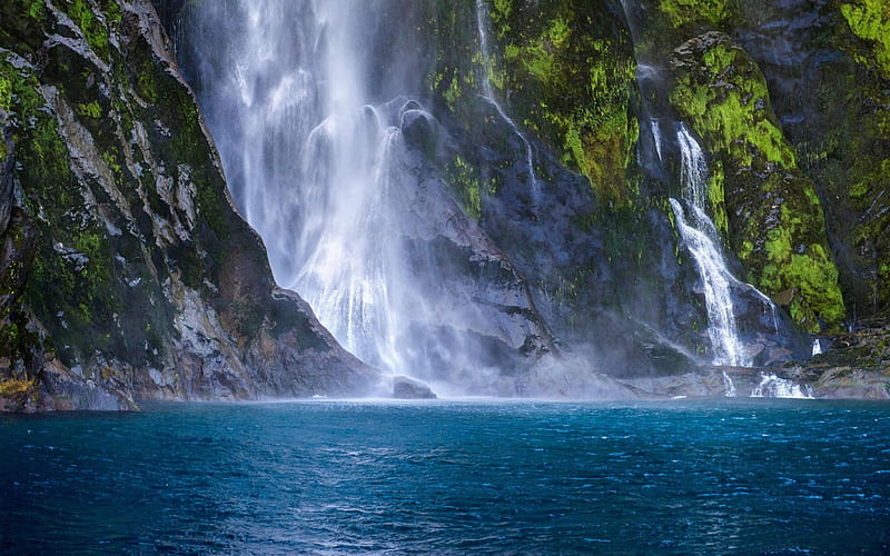 Stirling Falls, rocks, Milfour Sound, National Park, bonito, waterfalls, water, green, fjord, moss, New Zealand, white, blue, HD wallpaper