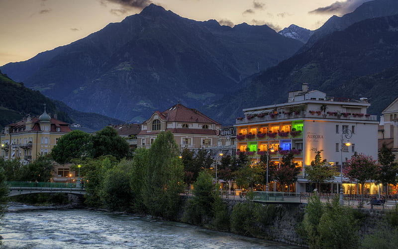 Merano,Italia, architecture, resort, house, clouds, lights, italia, splendor, beauty, evening, merano, italy, lovely, lanterns, romance, holiday, houses, town, buildings, sky, building, water, mountains, landscape, colorful, lantern, meran, bonito, bridge, river, road, romantic, view, colors, peaceful, nature, HD wallpaper
