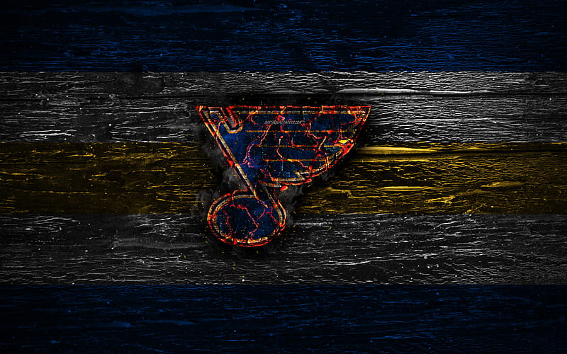 St Louis Blues, fire logo, NHL, blue and yellow lines, american hockey team, grunge, hockey, logo, St Louis Blues emblem, Western Conference, wooden texture, USA, HD wallpaper