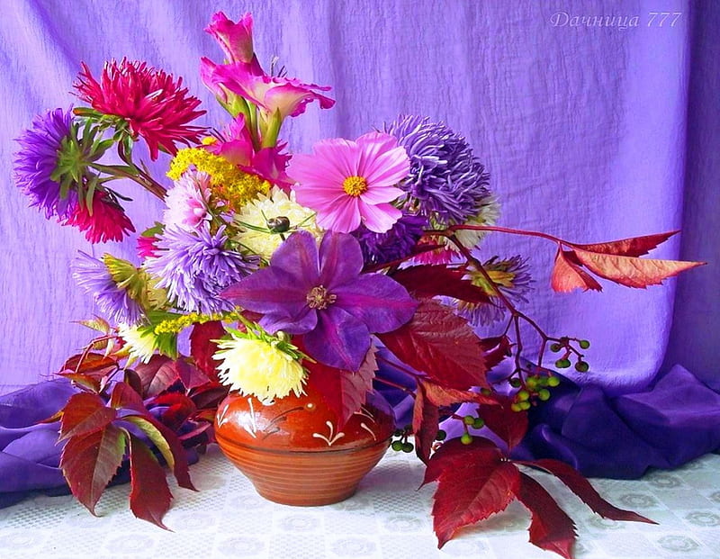 Beginning of September, red, colorful, fall, vase, beginning, still life, twigs, leaves, purple, flowers, color, nature, white, pink, September, HD wallpaper