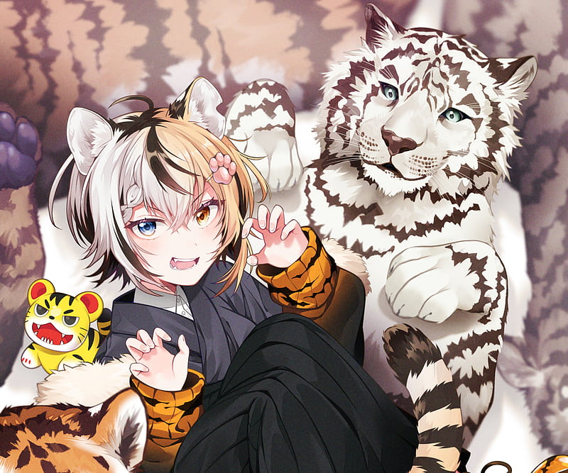 Anime Girls Tiger Wolf Animals 4K Wallpaper #100