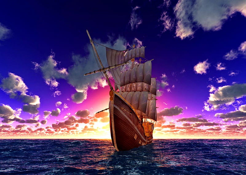 Sailing under colorful clouds, colorful, glow, sun, sailing, bonito, sunset, clouds, sea, sundown, frigate, nice, boat, canvas, reflection, light, lovely, ocean, waves, sky, water, purple, ship, sunshine, nature, HD wallpaper